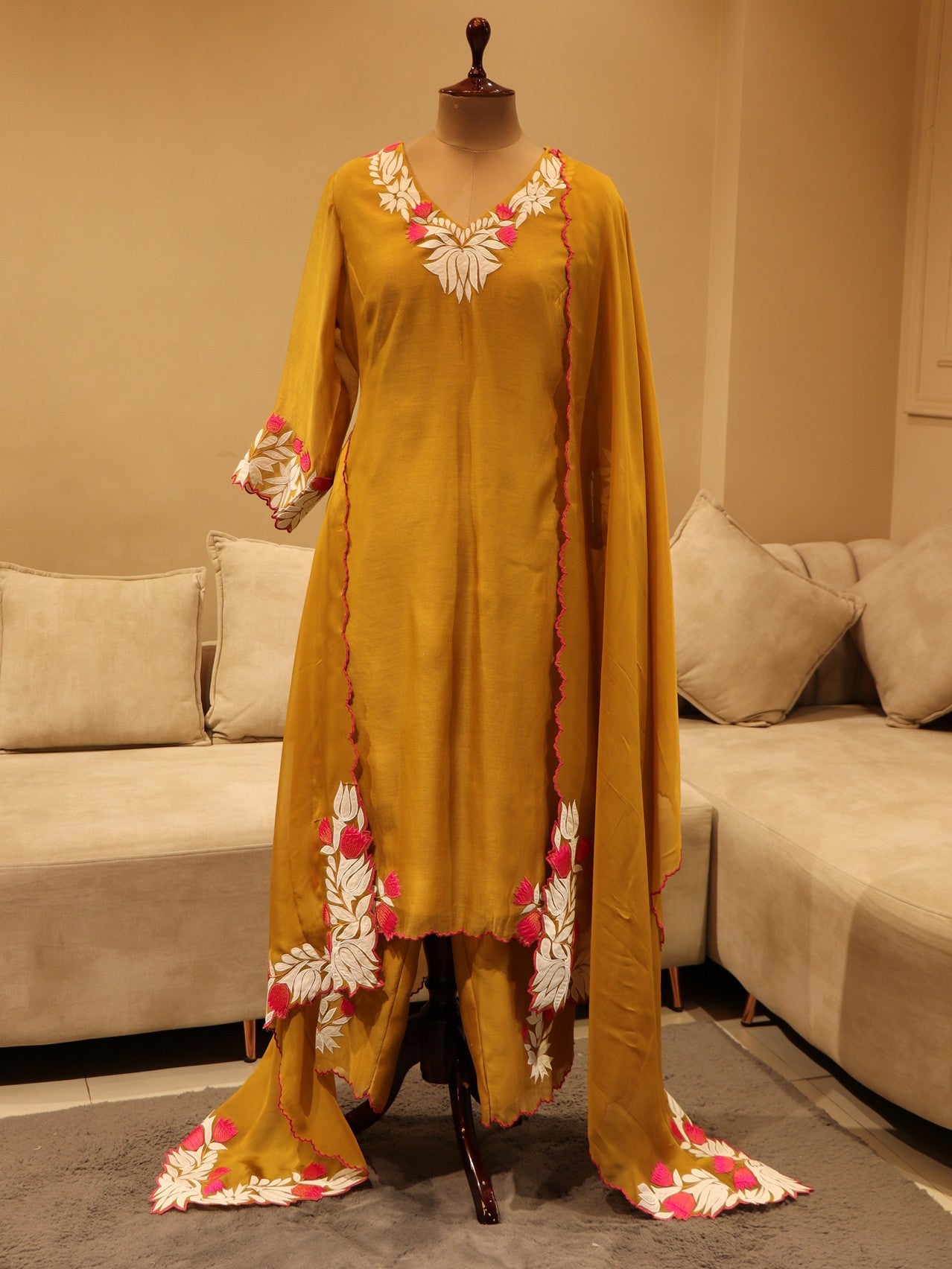 Mustard yellow applique kurta pants dupatta