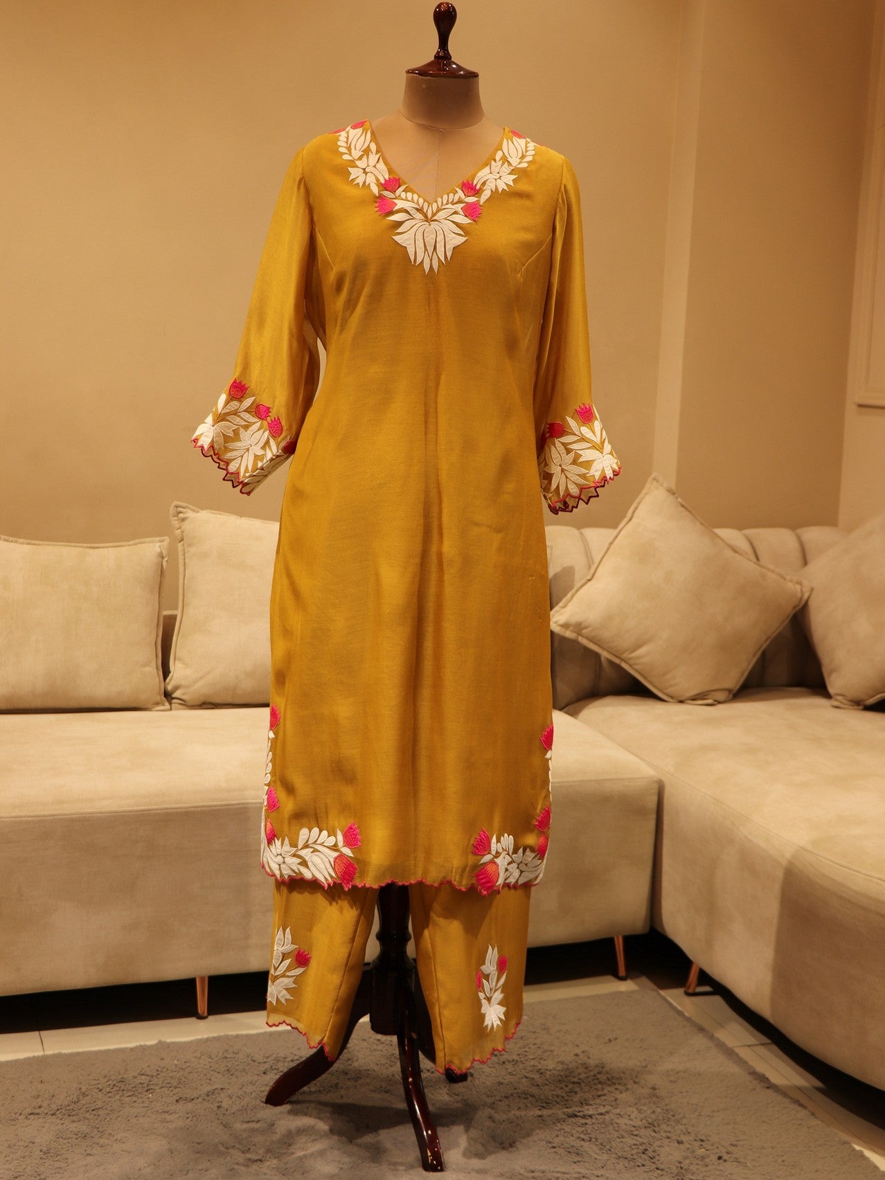 Mustard yellow applique kurta pants dupatta