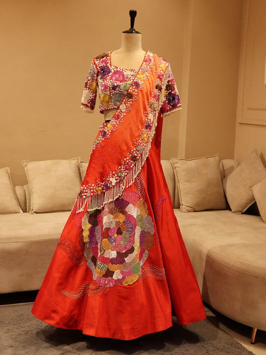 orange boota lehenga set