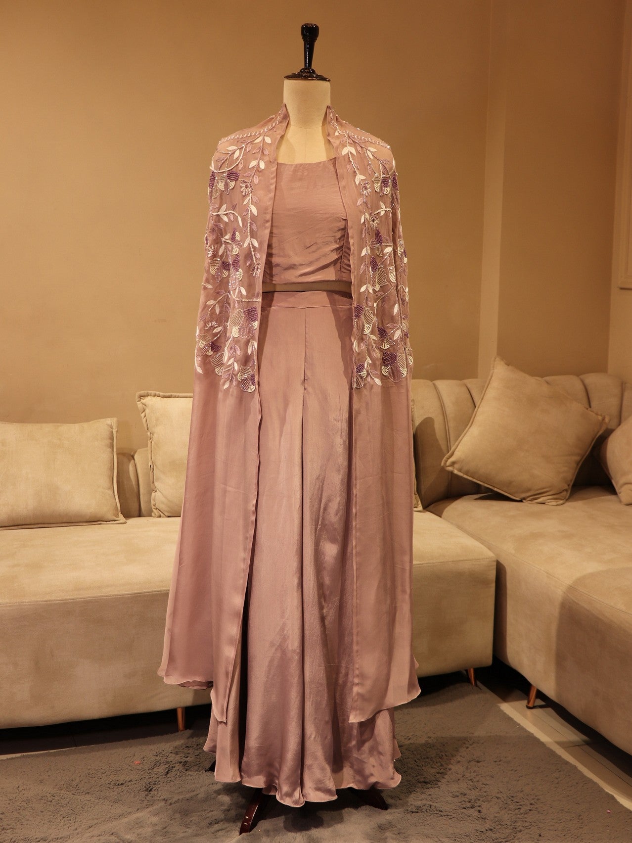 mauve crop top plazo cape set