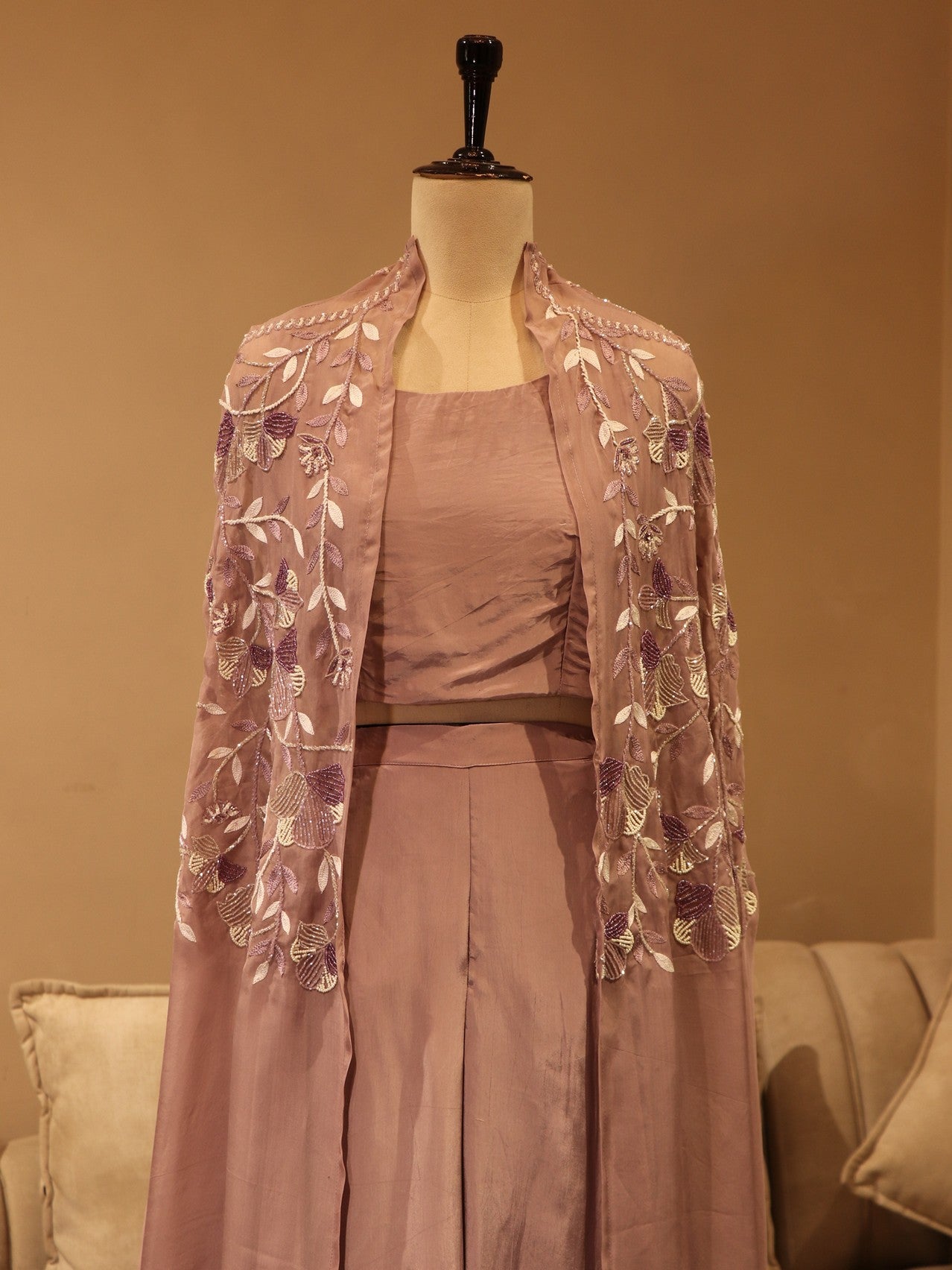 mauve crop top plazo cape set