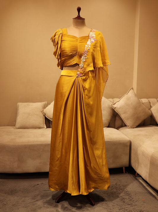 Mustard yellow drape saree
