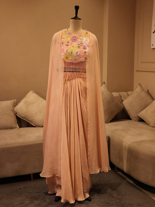 peach crop top skirt with cape