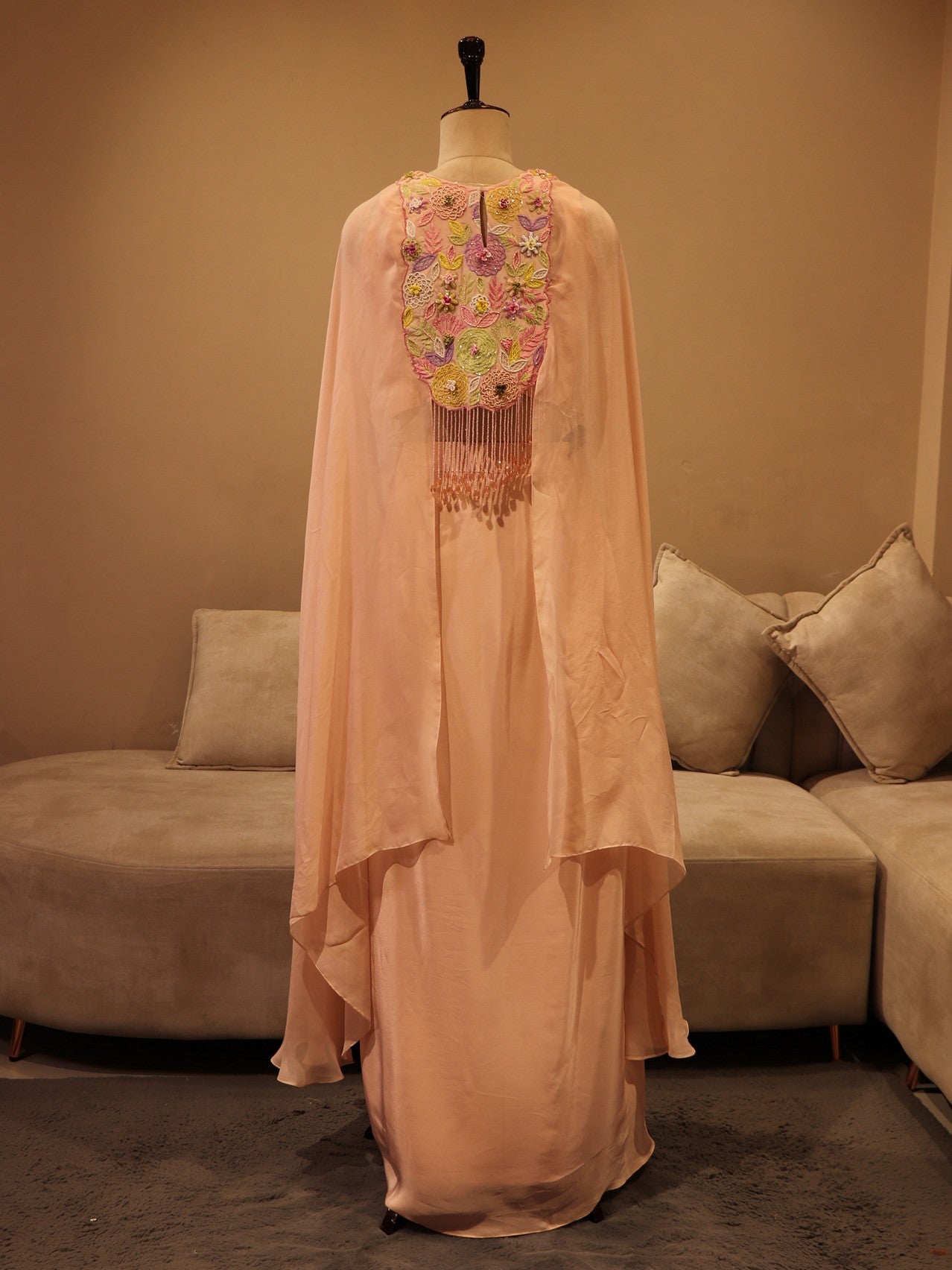 peach crop top skirt with cape