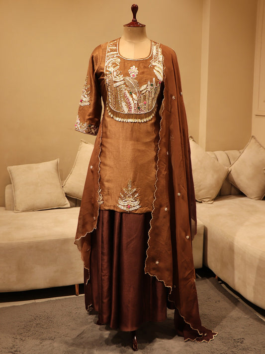 Brown kurta skirt with dupatta