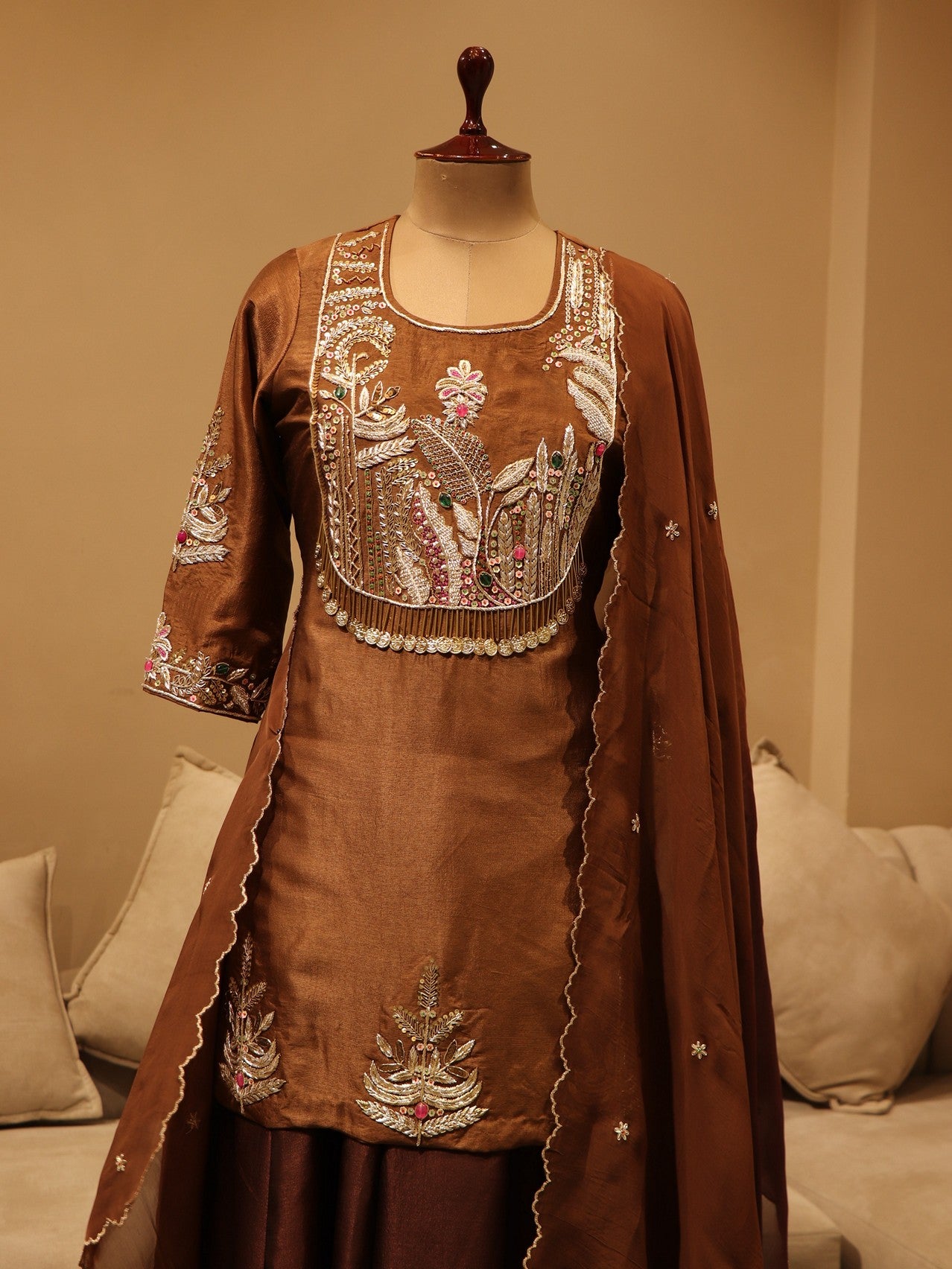 Brown kurta skirt with dupatta