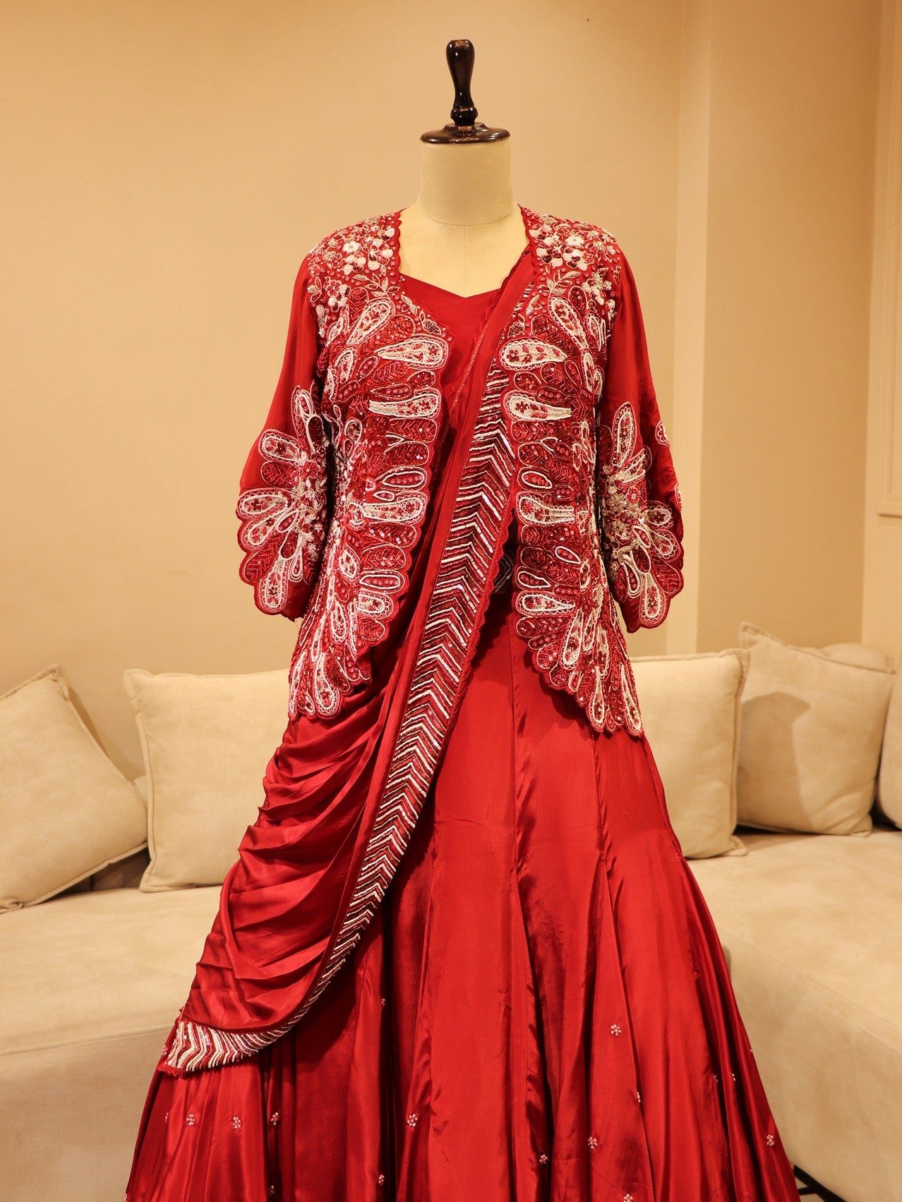 deep maroon crop top with shrug dupatta and skirt