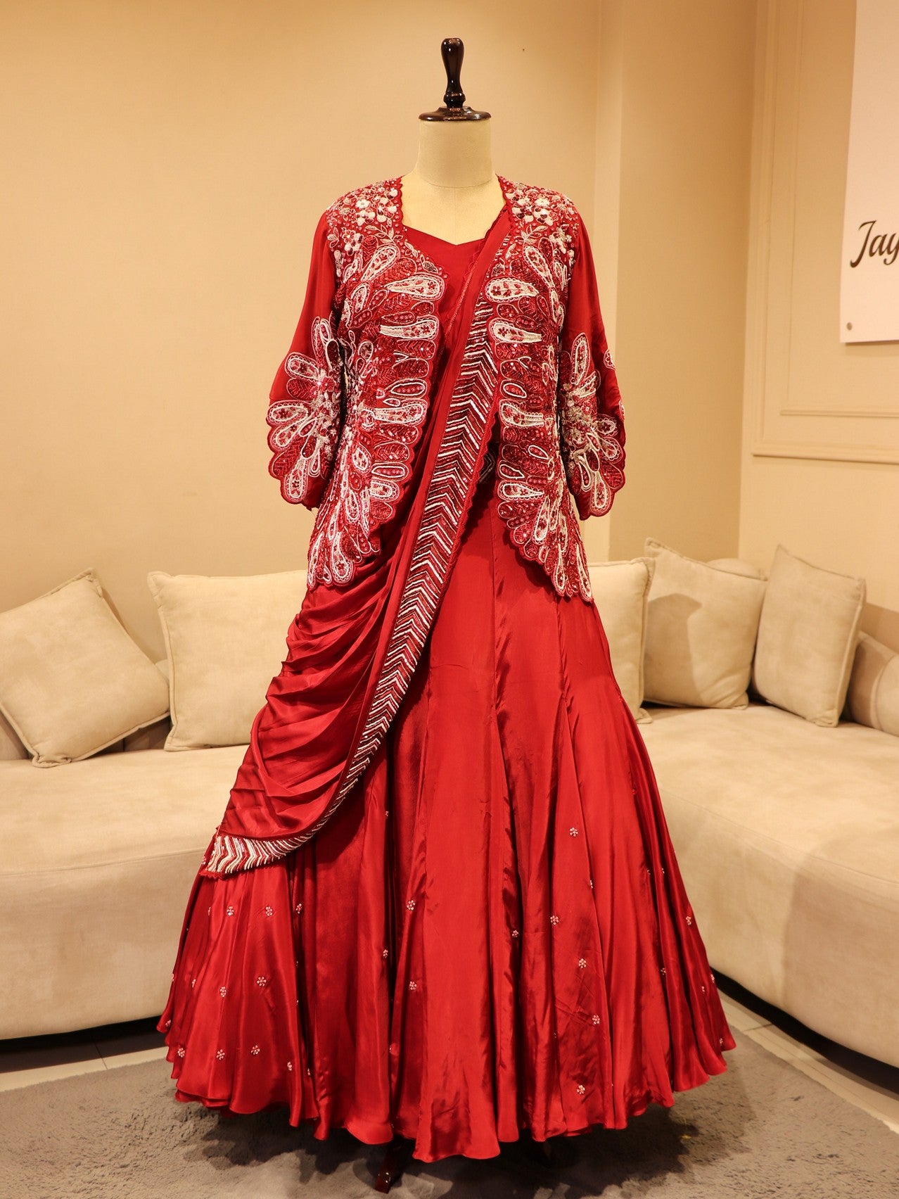 deep maroon crop top with shrug dupatta and skirt