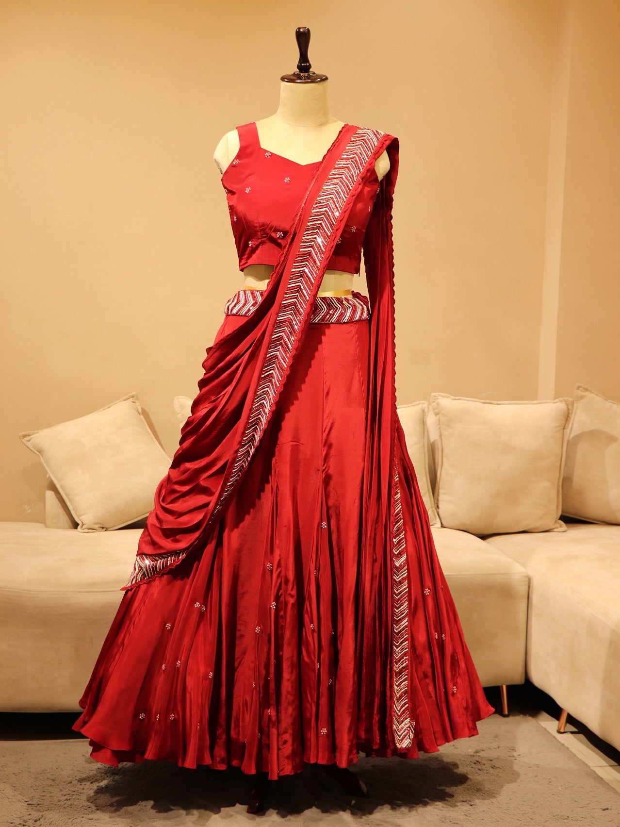 deep maroon crop top with shrug dupatta and skirt