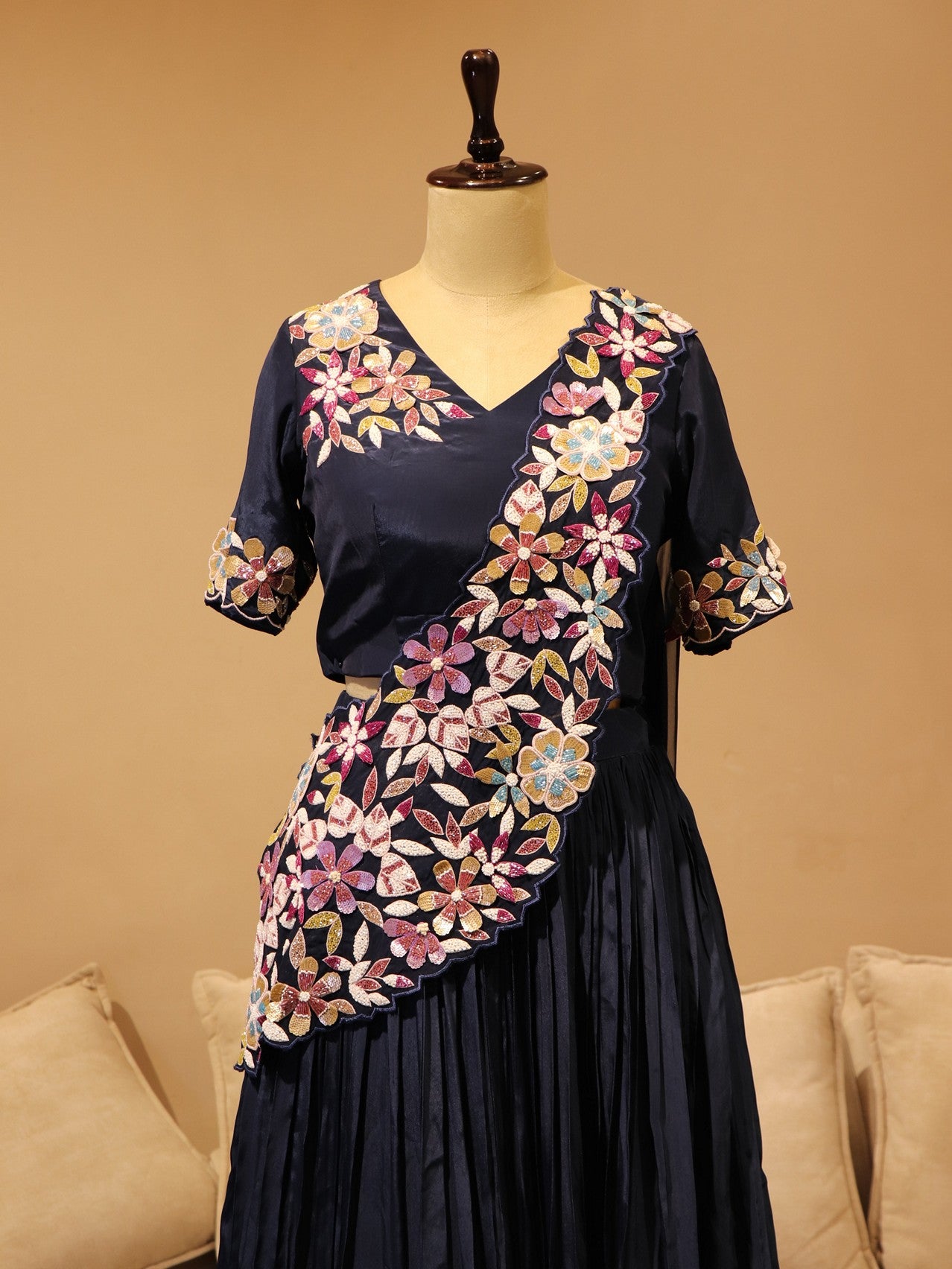 Navy blue crop top with skirt and drape dupatta
