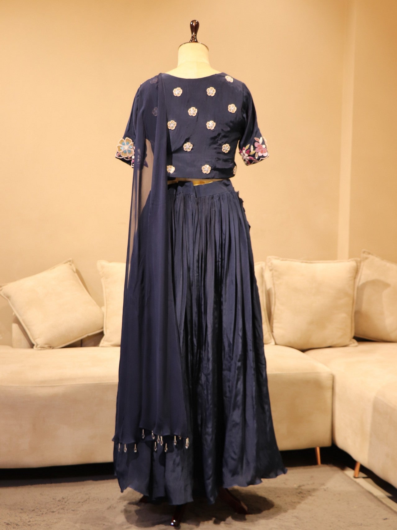Navy blue crop top with skirt and drape dupatta