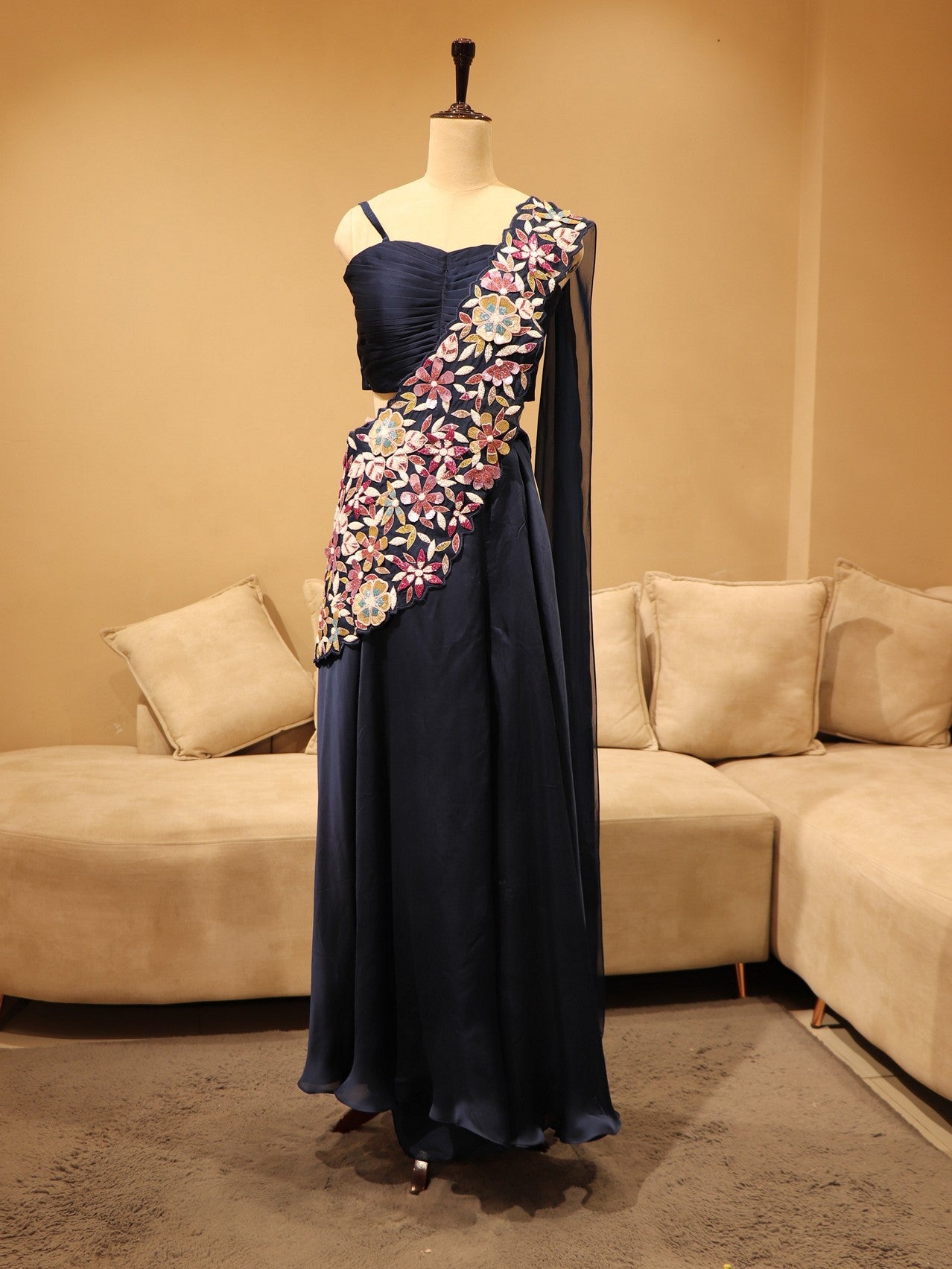 navy blue crop top with plazo and drape dupatta