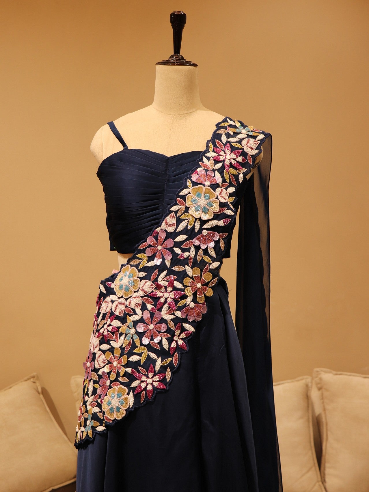 navy blue crop top with plazo and drape dupatta