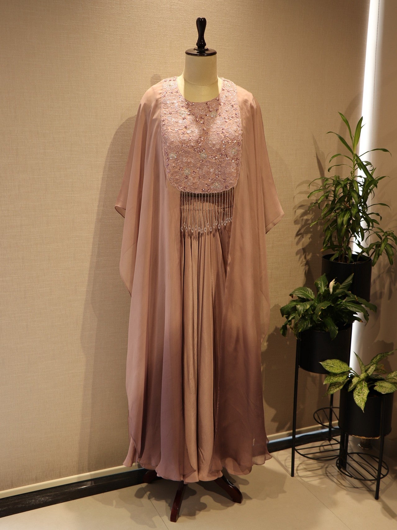 Mauve shaded crop top with skirt and cape