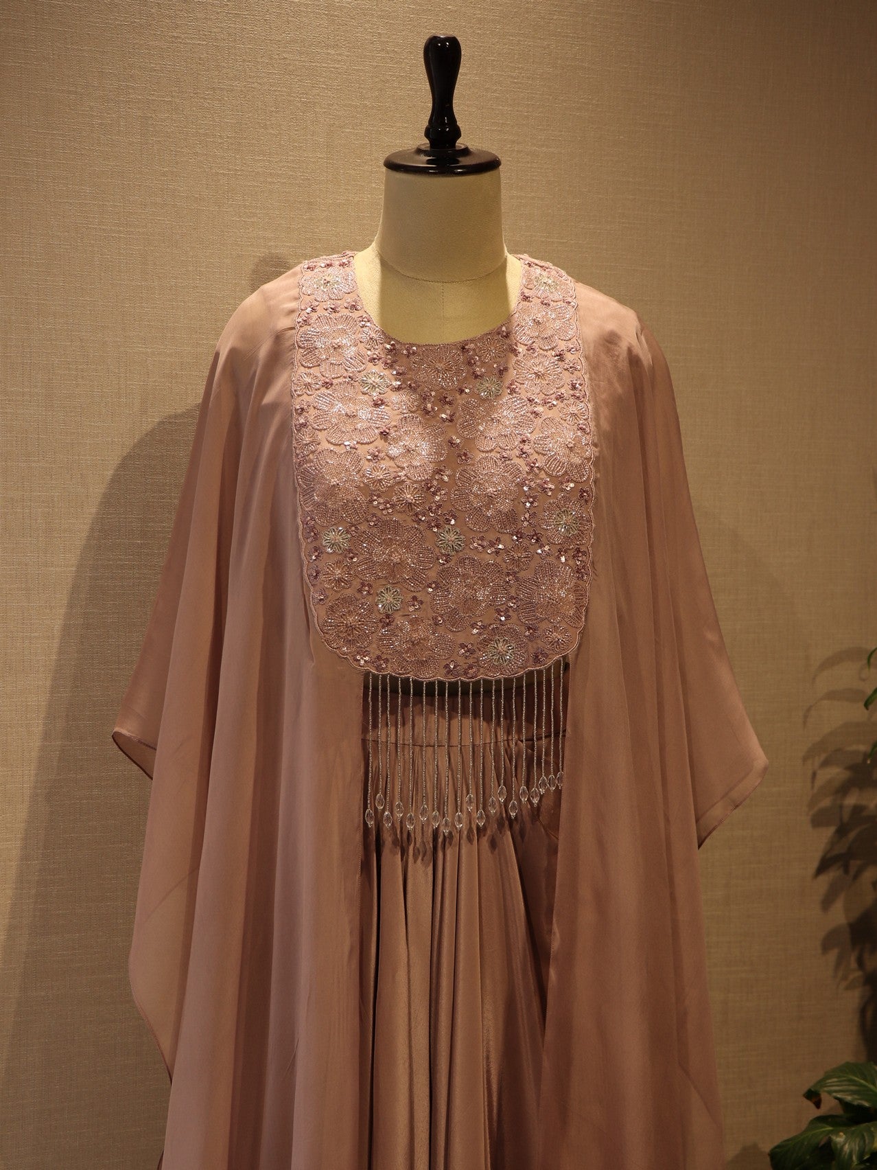 Mauve shaded crop top with skirt and cape