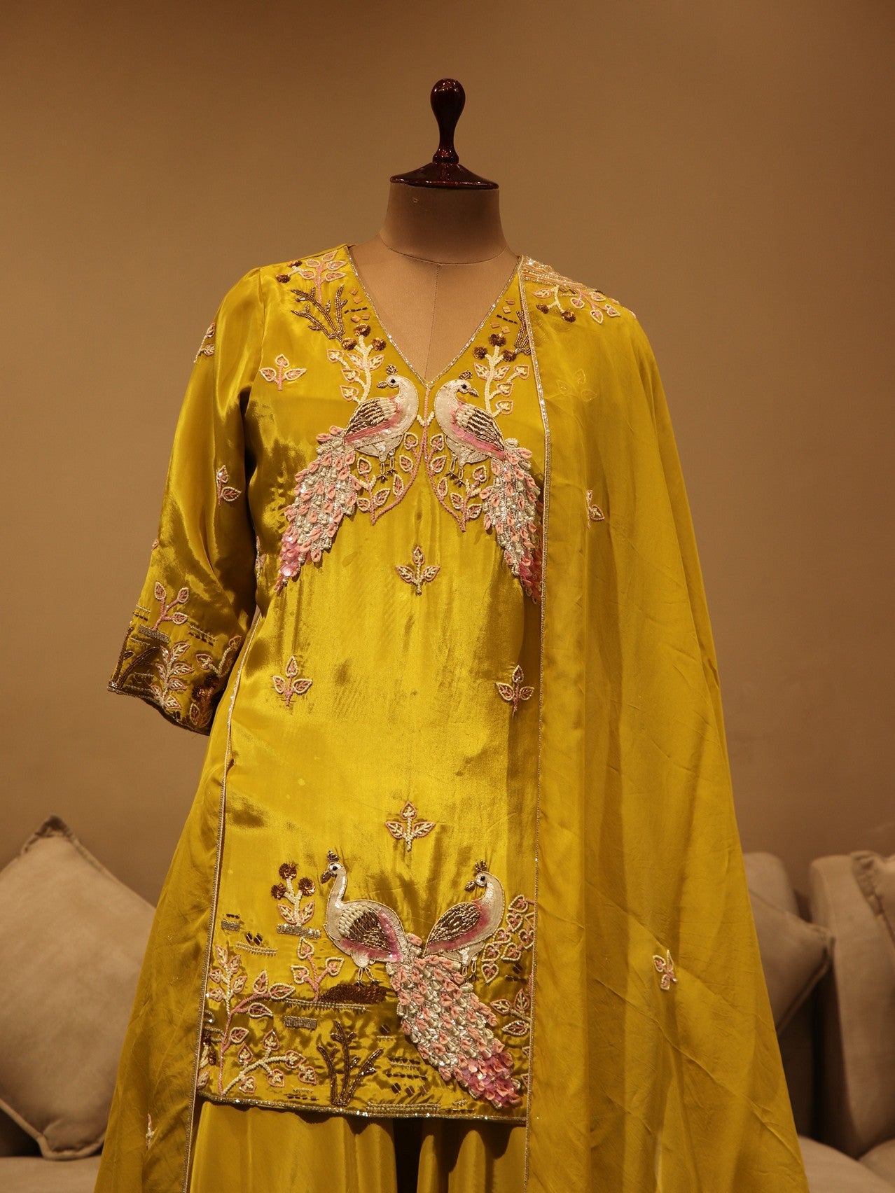 greenish yellow peacock kurti with skirt and dupatta