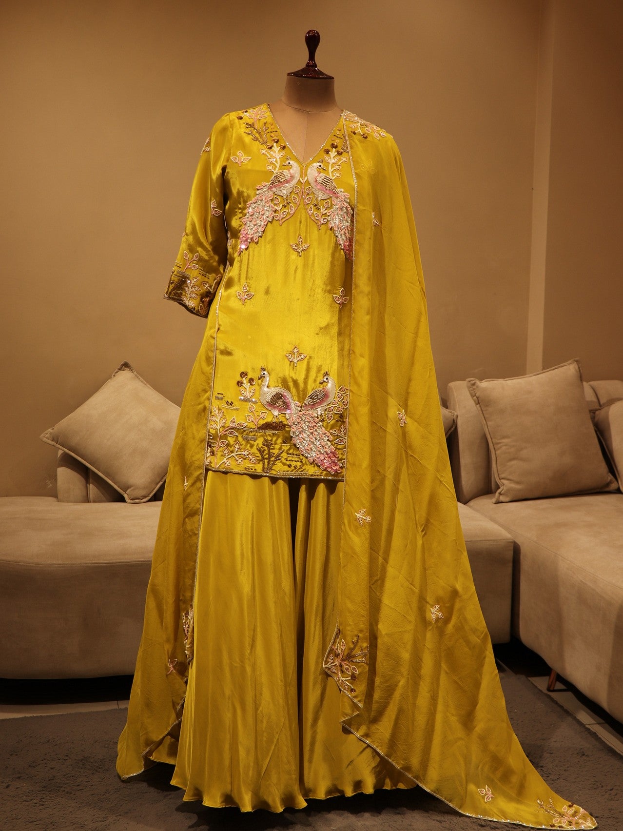 greenish yellow peacock kurti with skirt and dupatta