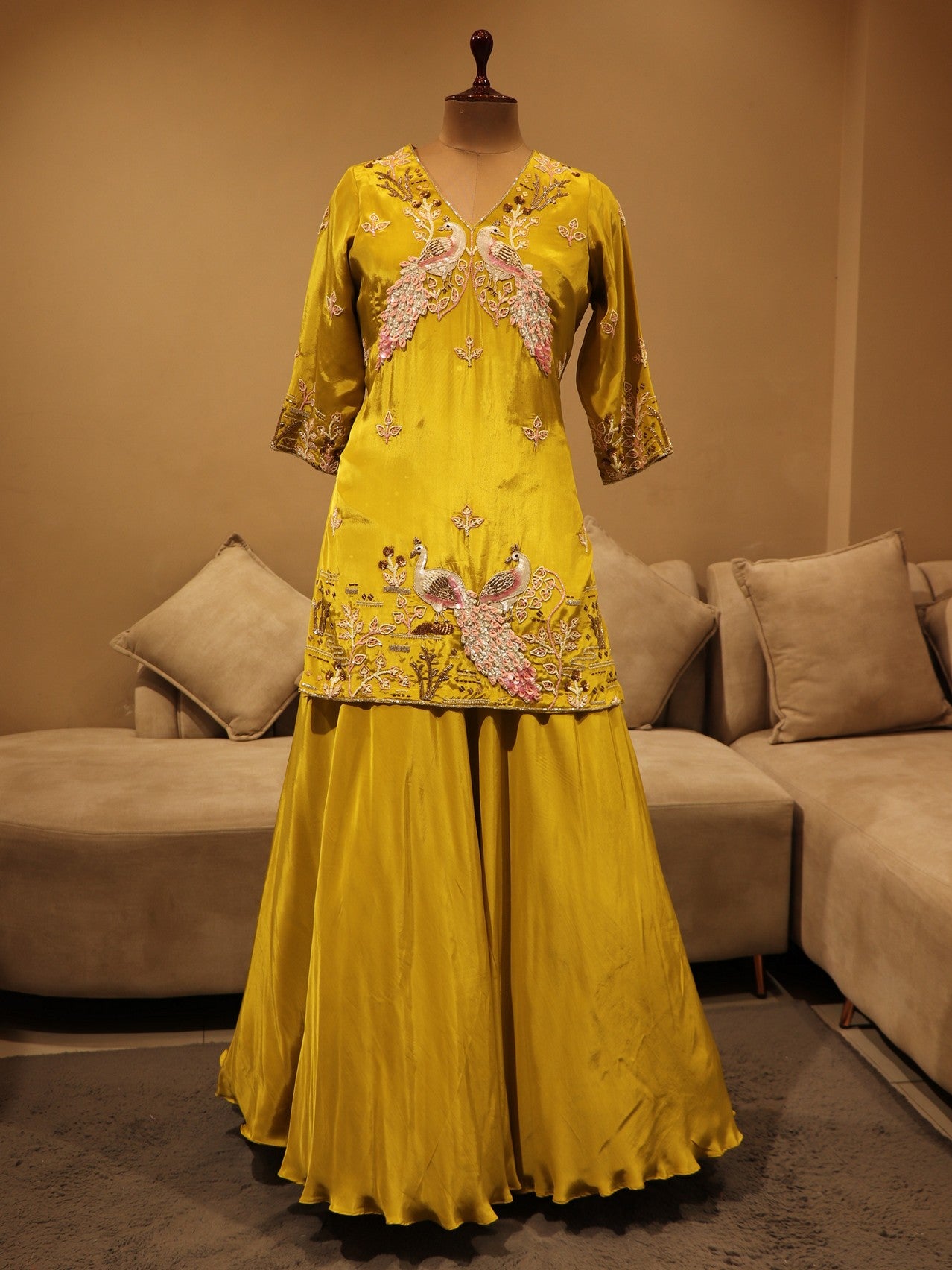 greenish yellow peacock kurti with skirt and dupatta