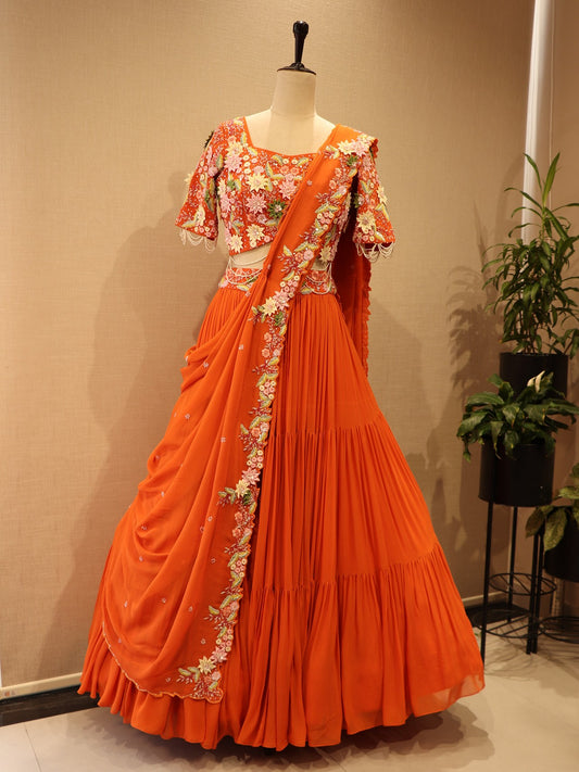 orange  floral lehenga set