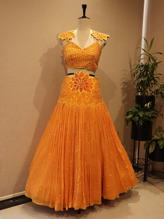 orange crop top with skirt