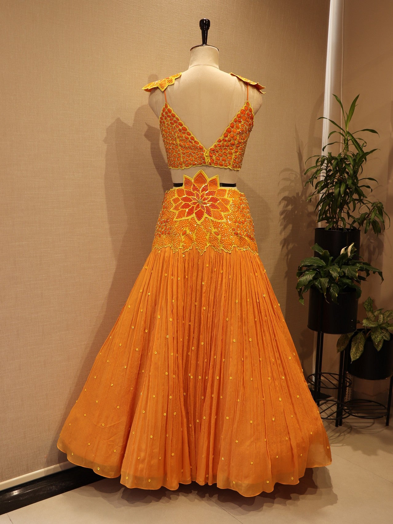 orange crop top with skirt