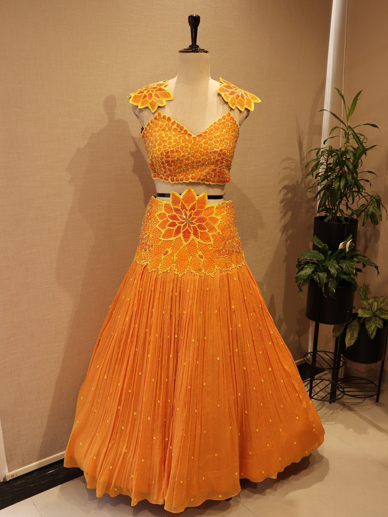 orange crop top with skirt