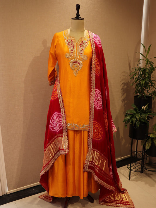 orange kurti with plazo and dupatta