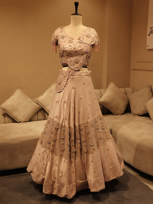 peach shimmeri 3d lehenga set