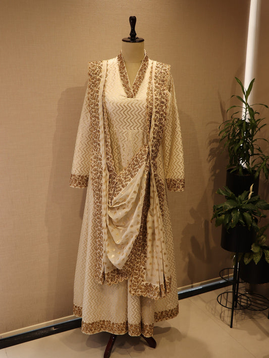 Off white Chanderi gown with drape dupatta