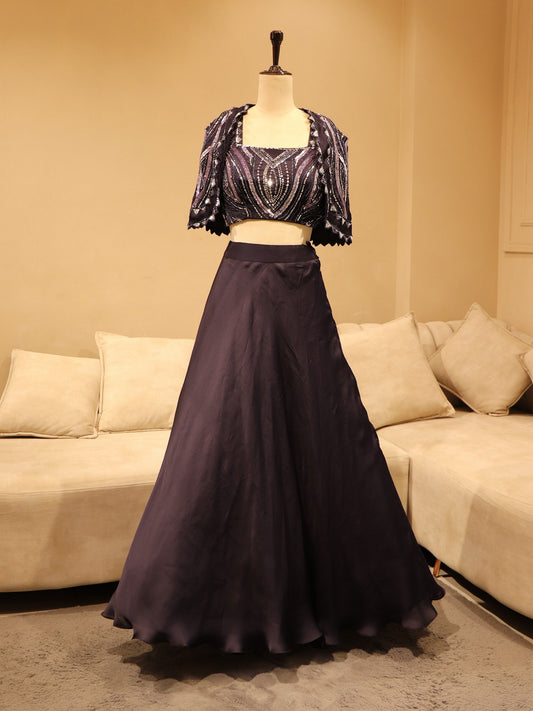 Dark purple crop top skirt cape
