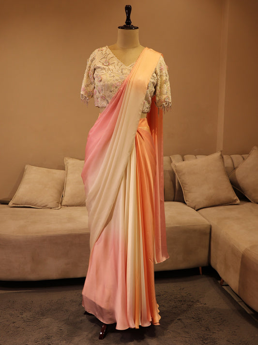 Pearl white pink ombre shaded drape saree
