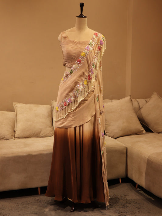 Beige brown shaded crop top plazo dupatta