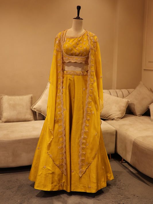 Mustard yellow zardosi lehenga set