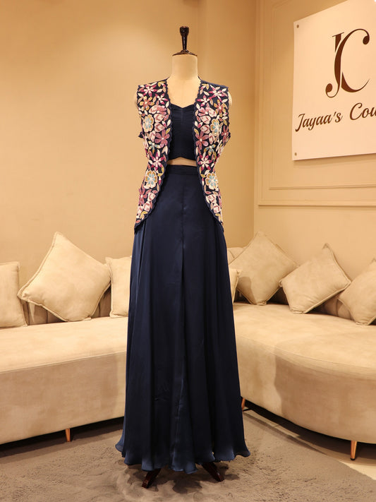 Navy blue crop plazo with shrug