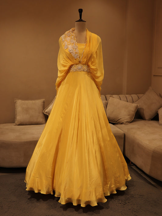 Lemon yellow drape gown