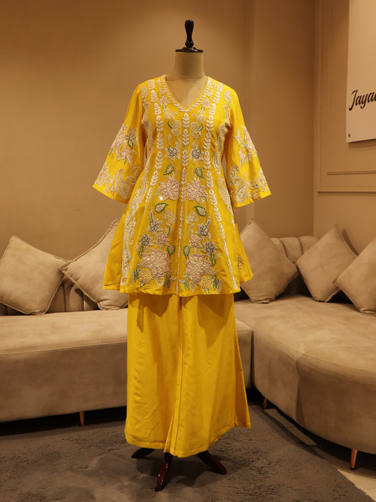 Lemon yellow peplum kurta with plazo