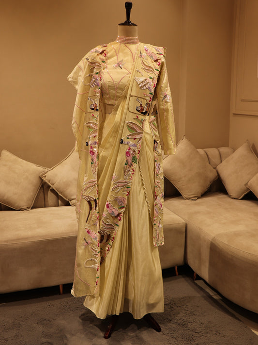 mettalic gold drape saree with duaptta