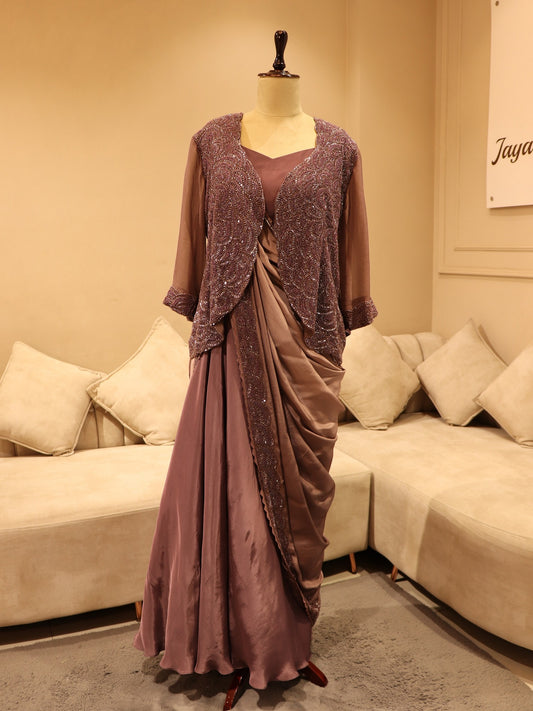 Aubergine mauve drape saree with shrug