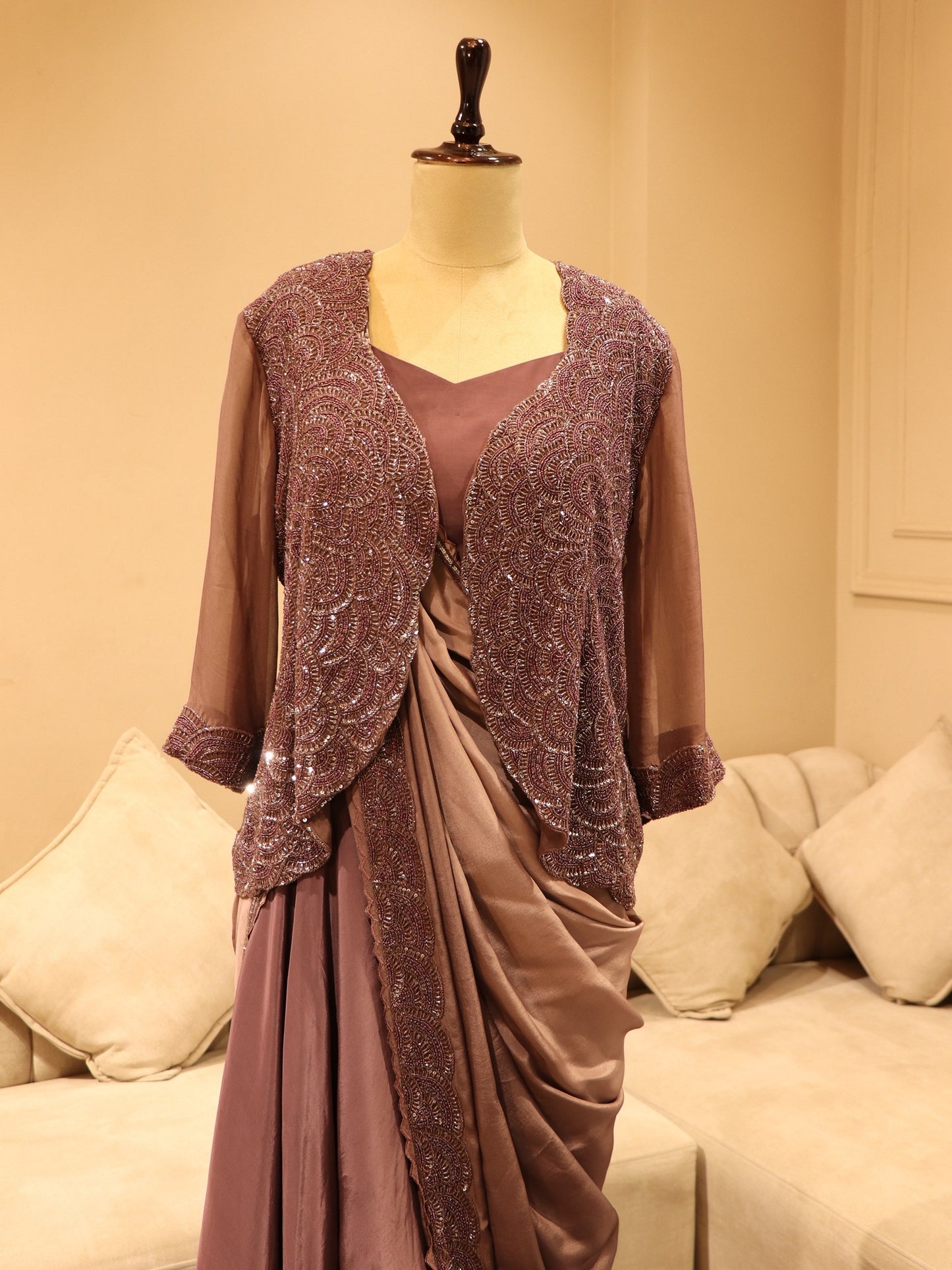 Aubergine mauve drape saree with shrug