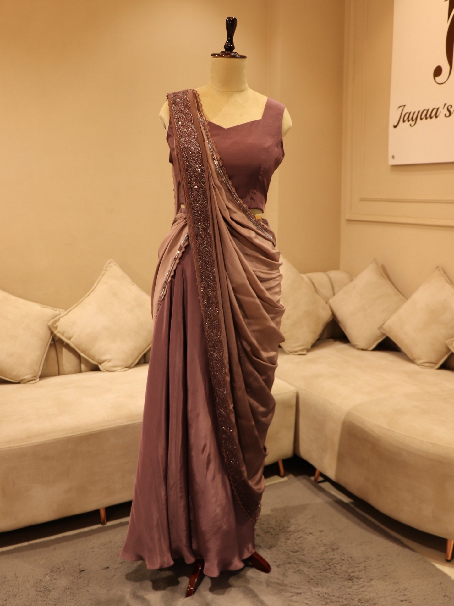 Aubergine mauve drape saree with shrug