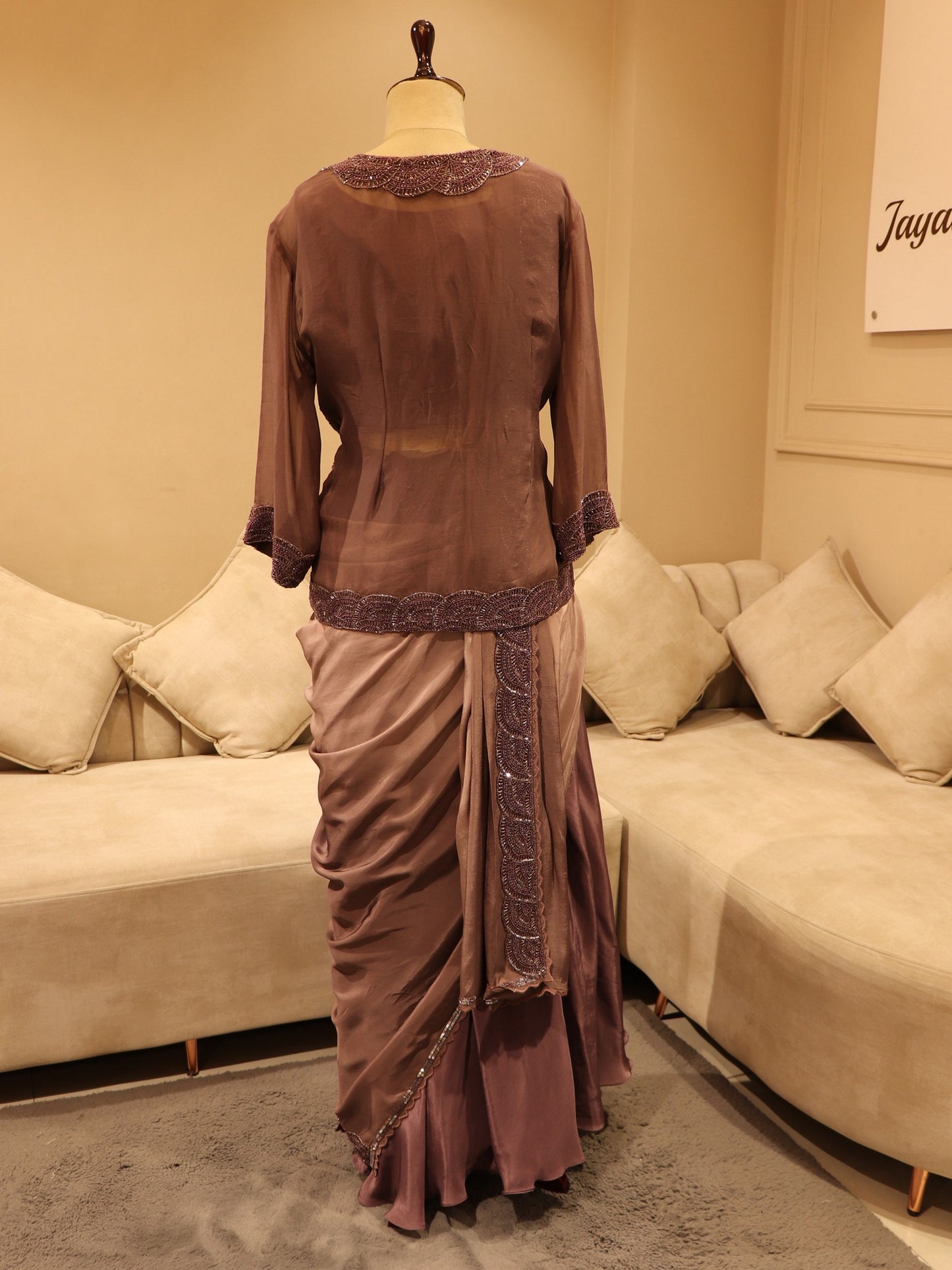 Aubergine mauve drape saree with shrug