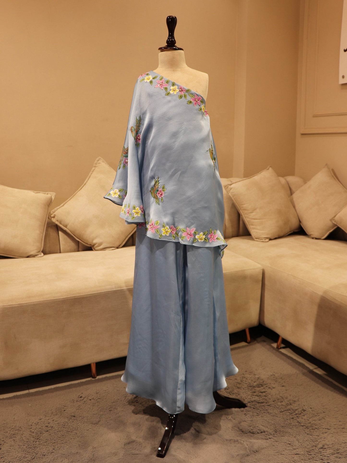 Ice blue hand painted cape top with plazo