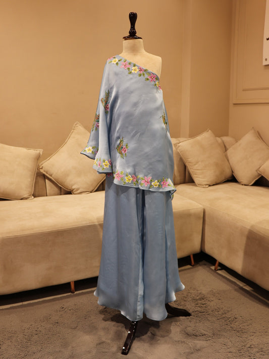 Ice blue hand painted cape top with plazo