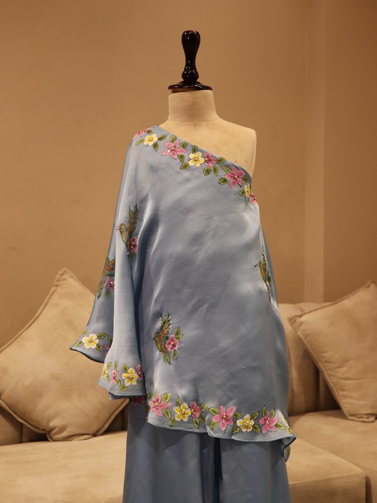 Ice blue hand painted cape top with plazo