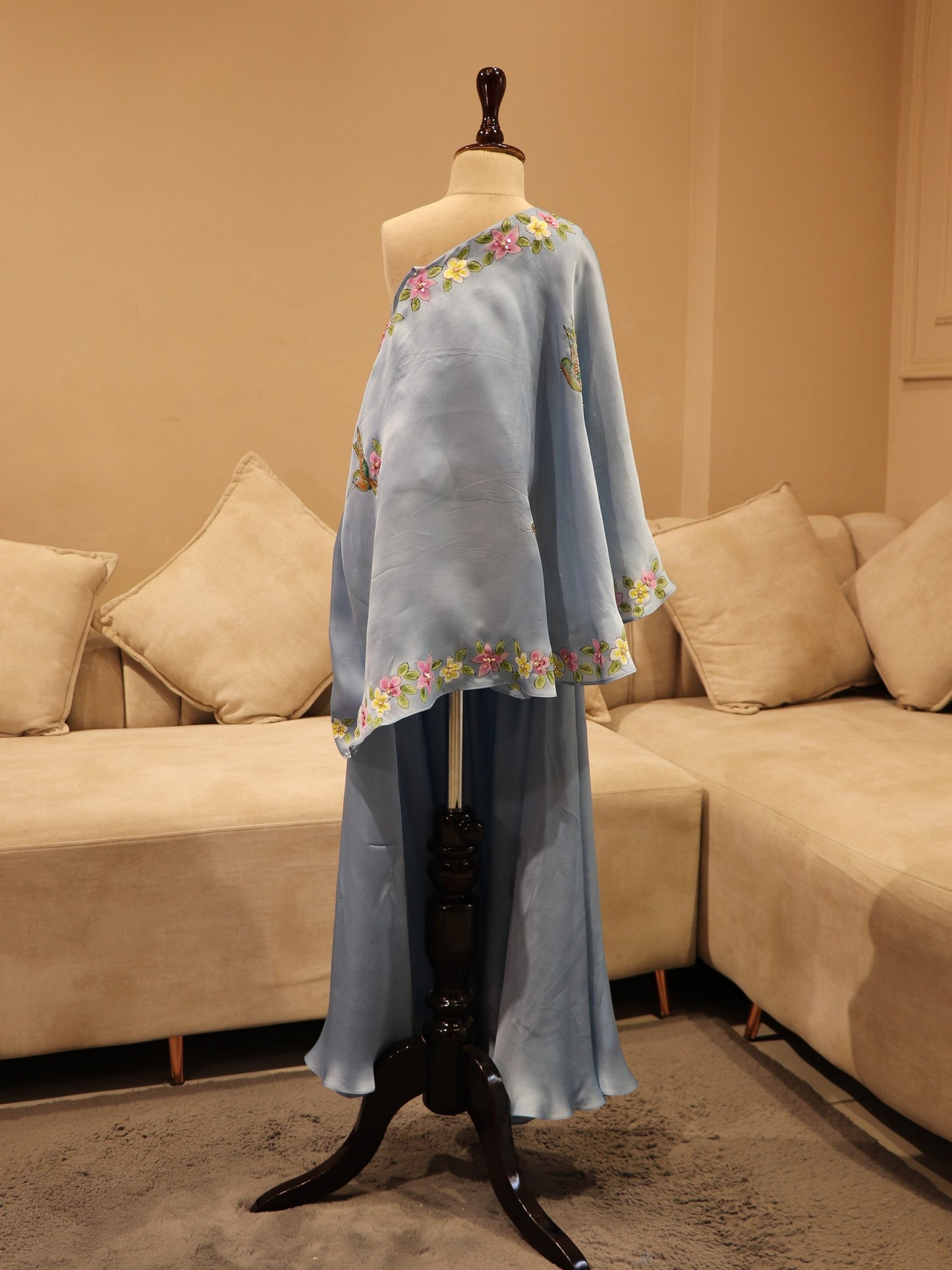 Ice blue hand painted cape top with plazo