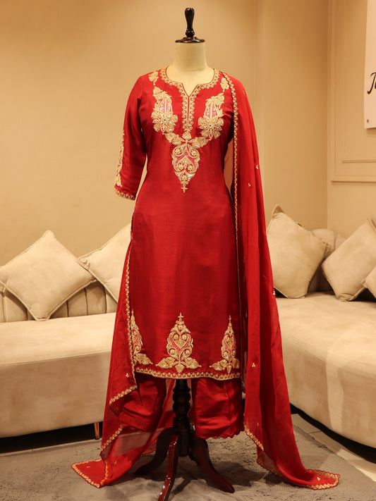 Hot red marodi kurta pants with dupatta