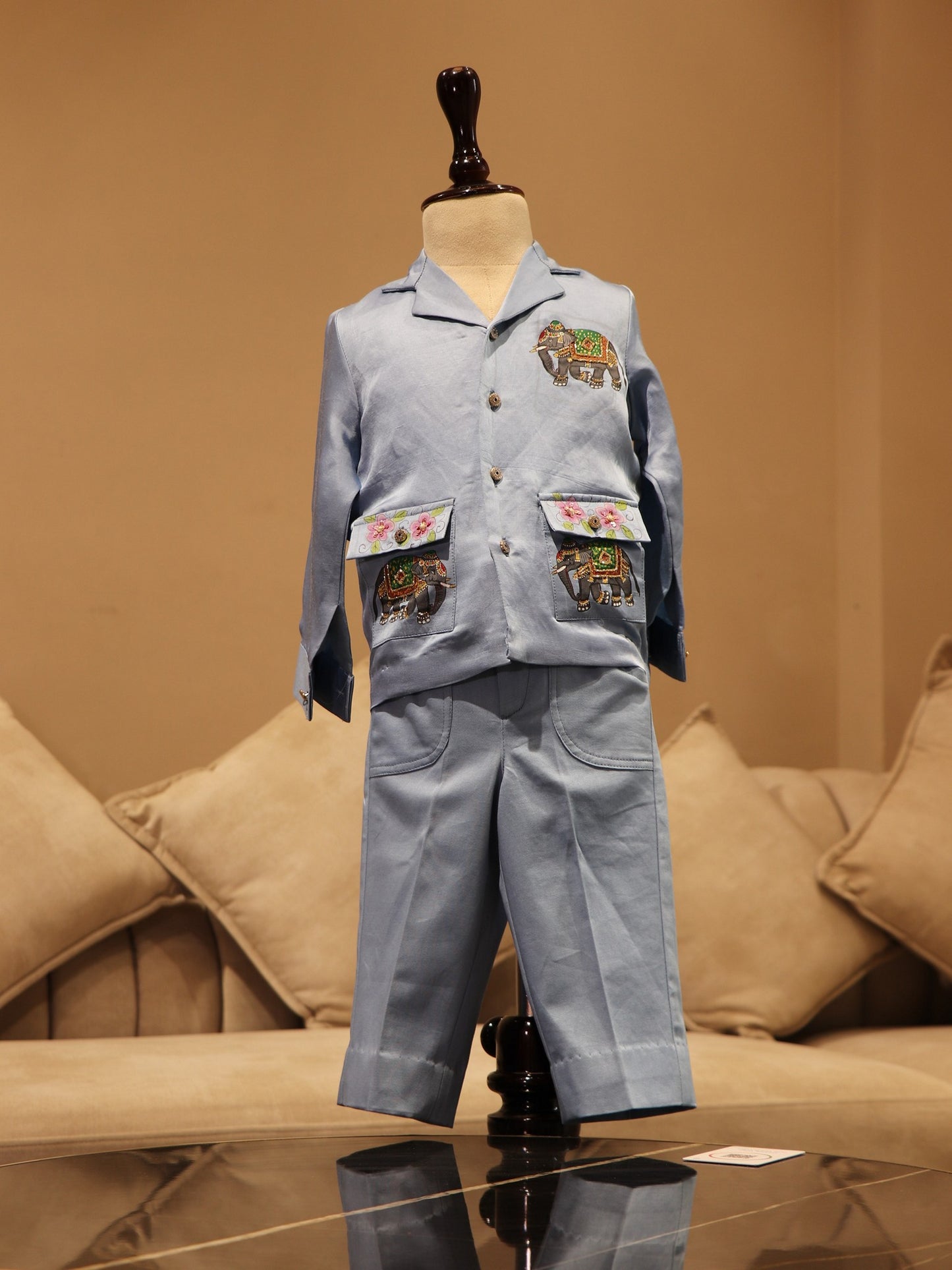 Ice blue elephant kids blazer shirt with pants