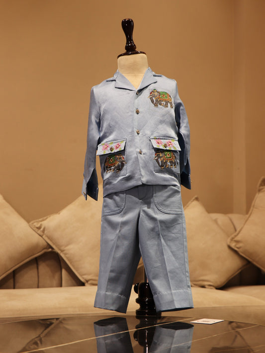 Ice blue elephant kids blazer shirt with pants