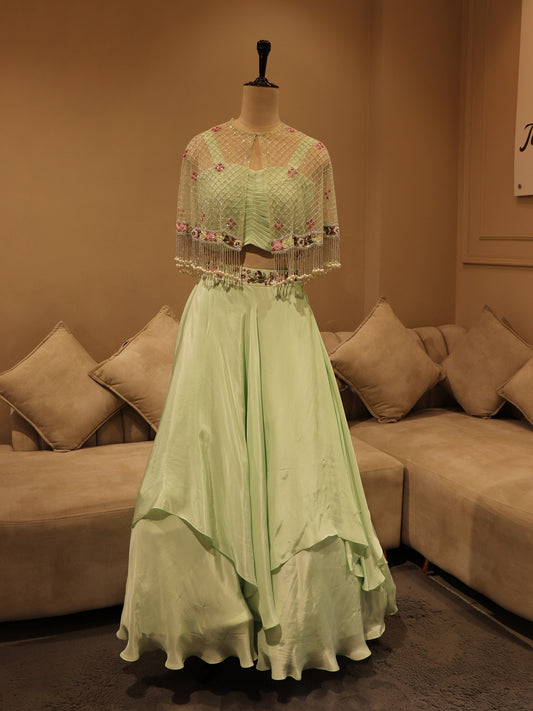 Sea green crop top cape with skirt