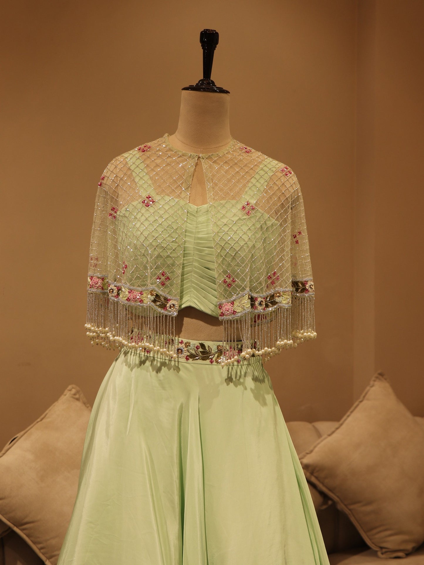 Sea green crop top cape with skirt